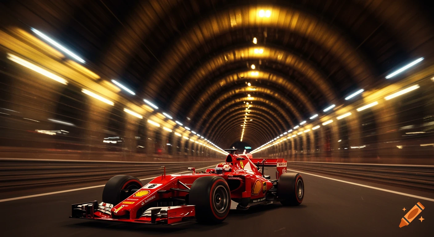 A red Formula 1 Ferrari race car speeds through the illuminated Monaco racecourse tunnel, depicted with motion blur.