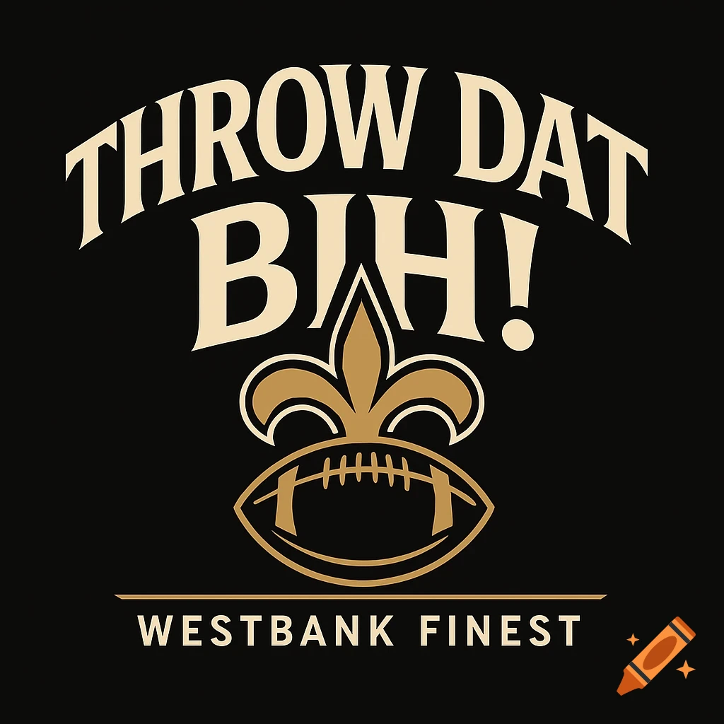 A cream and gold vector logo on a black background featuring a fleur de lis above an American football. Text reads 'THROW DAT BIH!' above and 'WESTBANK FINEST' below.