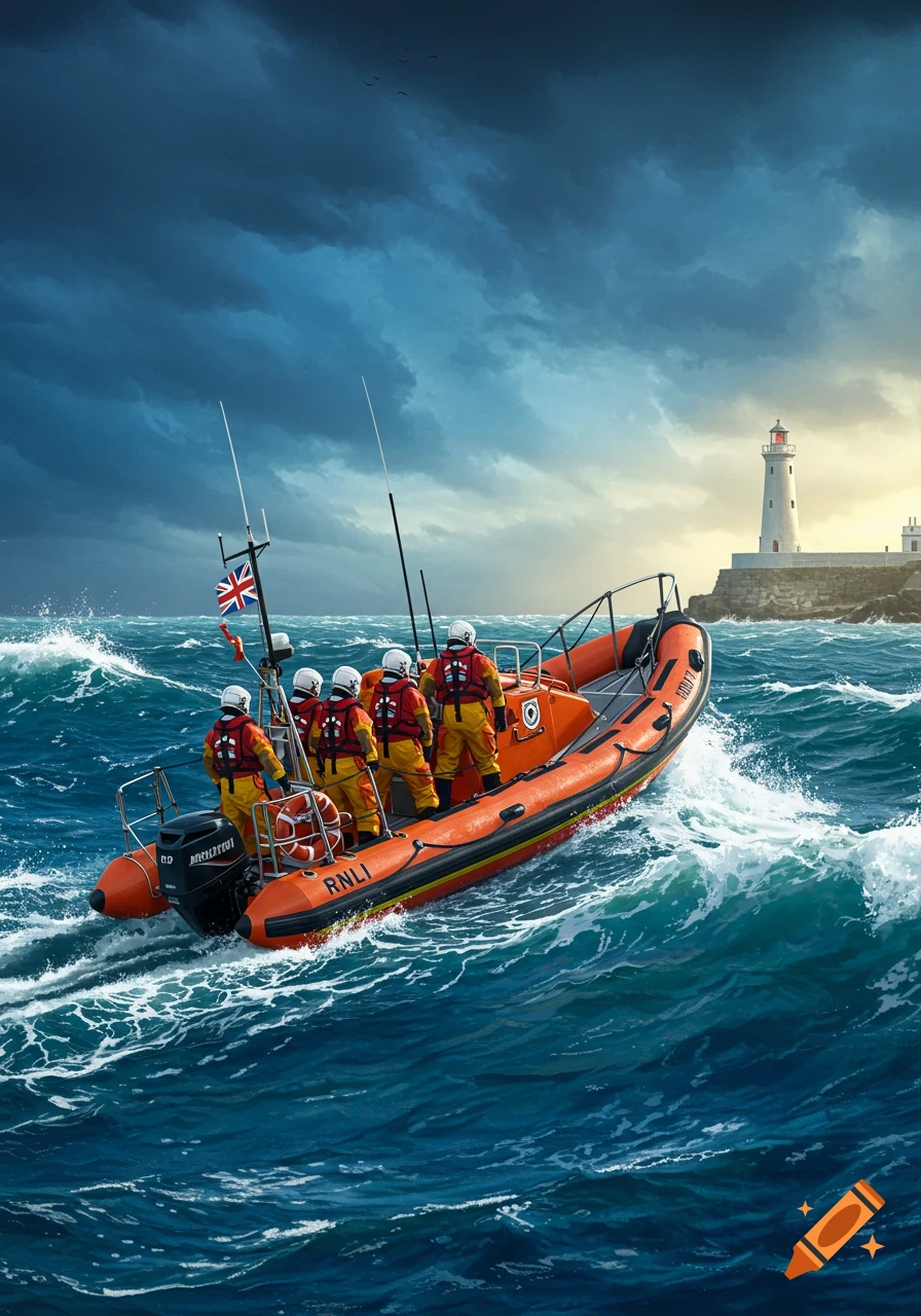 A rescue boat with crew in yellow gear navigates rough seas towards a distant lighthouse under a stormy sky.