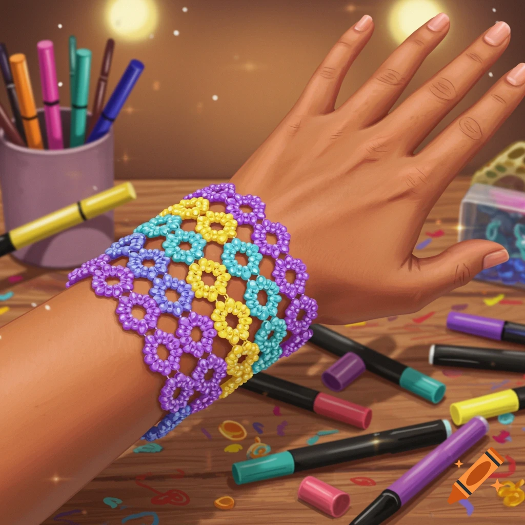 A hand wearing a colorful beaded flower bracelet, surrounded by art markers and craft supplies on a wooden table.