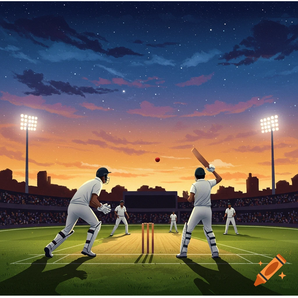 Illustrated cricket match at dusk in a stadium, with players on the field and stadium lights on.