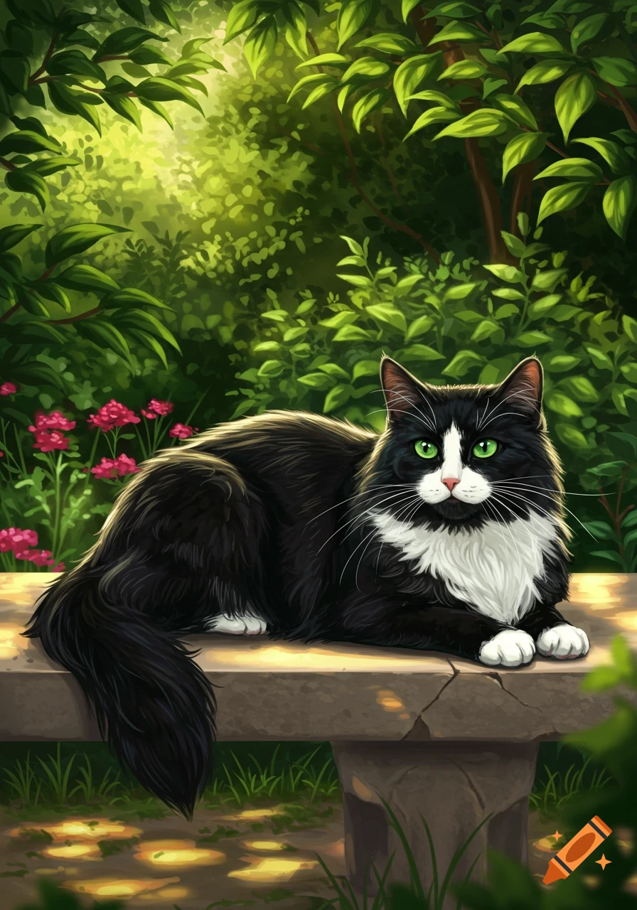 A fluffy black and white tuxedo cat with green eyes lies on a stone bench in a sunlit green garden.
