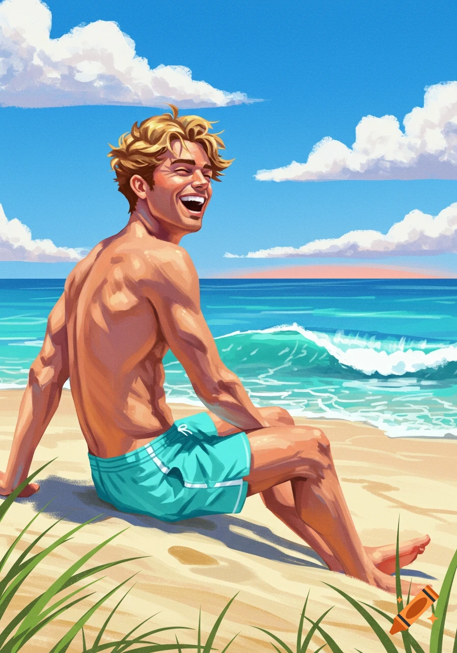A smiling blonde man sits on a beach looking at the ocean in an illustrative style.