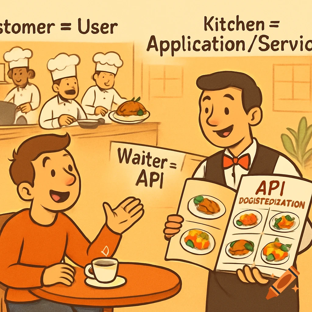 A cartoon illustration uses a restaurant analogy to explain API ...