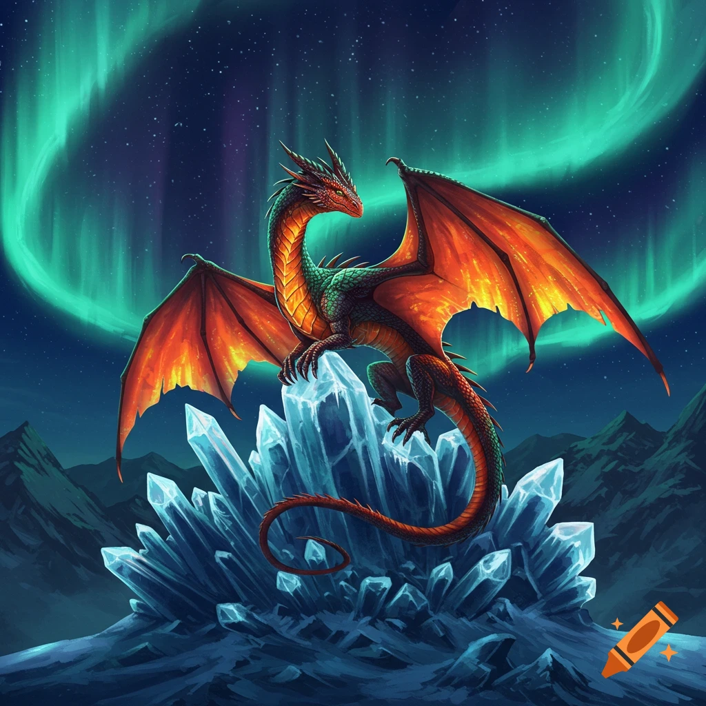 A vibrant digital painting of a red and green dragon perched on glowing ice crystals under a teal aurora borealis sky.