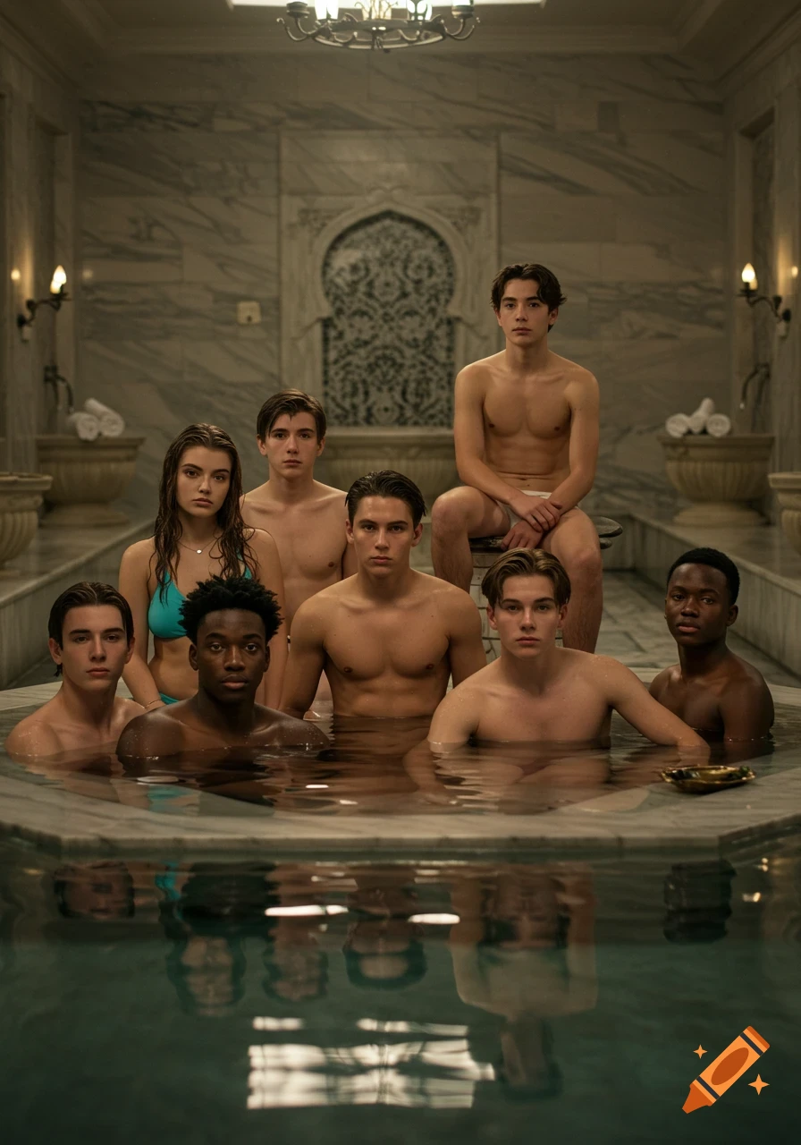 A group of young adults, some shirtless, are in a marble bath or hammam, looking directly at the viewer. The scene is photorealistic and well-lit.