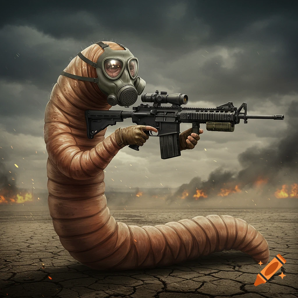 A worm-like creature wearing a gas mask holds a rifle in a desolate, cracked landscape with fires under a cloudy sky.