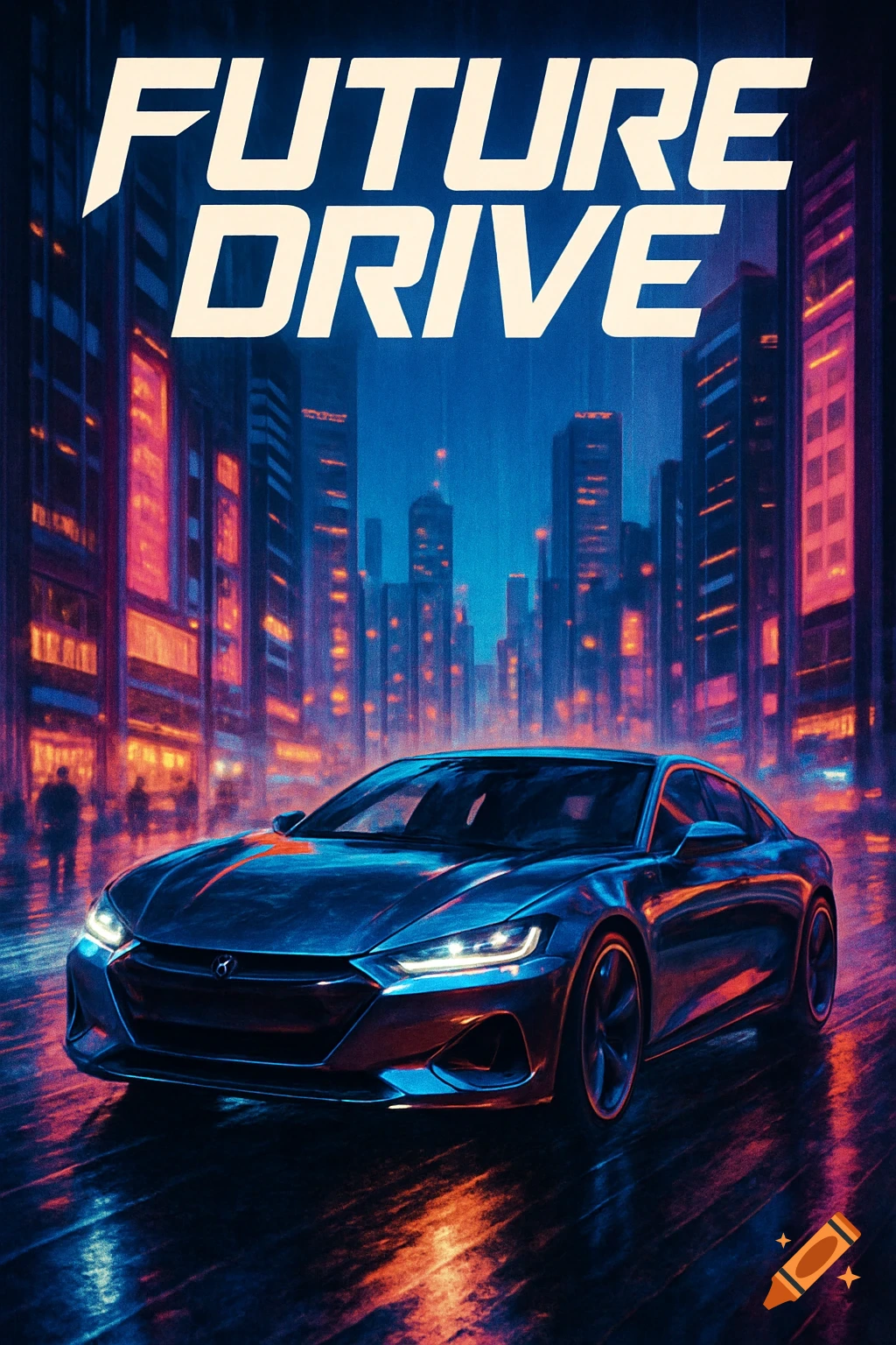 A futuristic car drives through a neon-lit cityscape at night, with the title 'FUTURE DRIVE' above it.