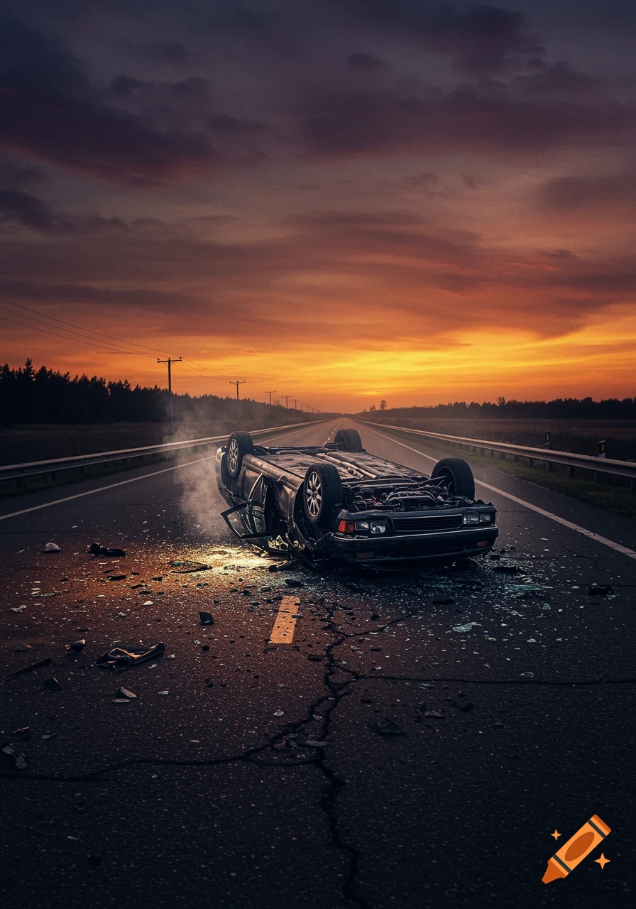 A black car lies flipped over on a cracked road, surrounded by shattered glass and smoke, under a dramatic orange and purple sunset sky.