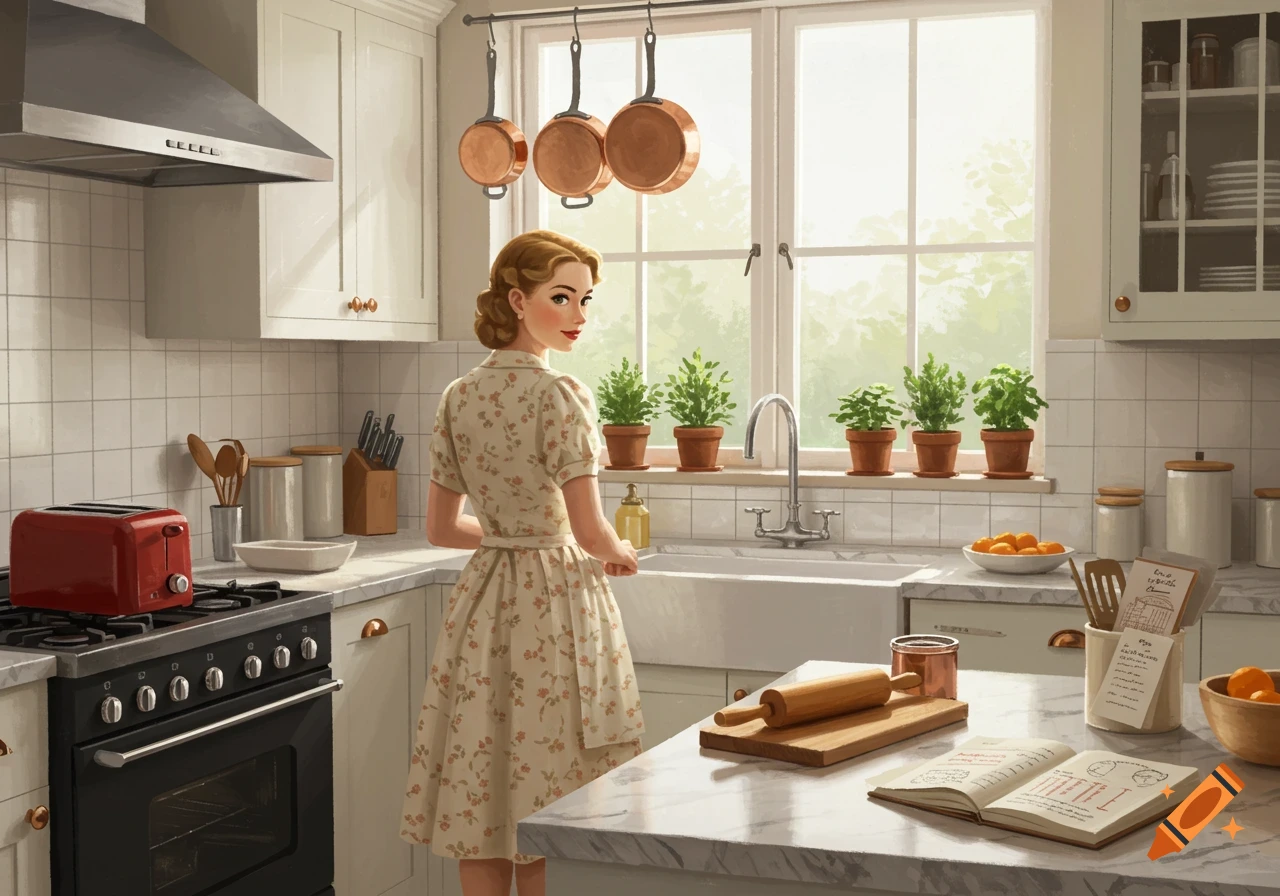 A woman in a floral dress stands in a sunny, retro-style kitchen with a toaster, stove, and plants on the windowsill.