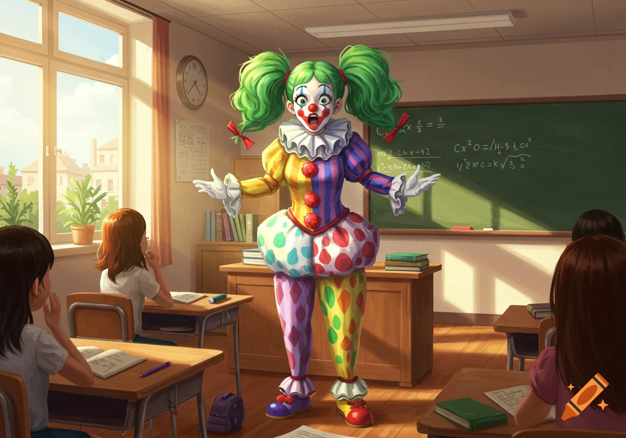 An anime-style image of a shocked female clown in a colorful outfit standing in front of a blackboard in a classroom with students.
