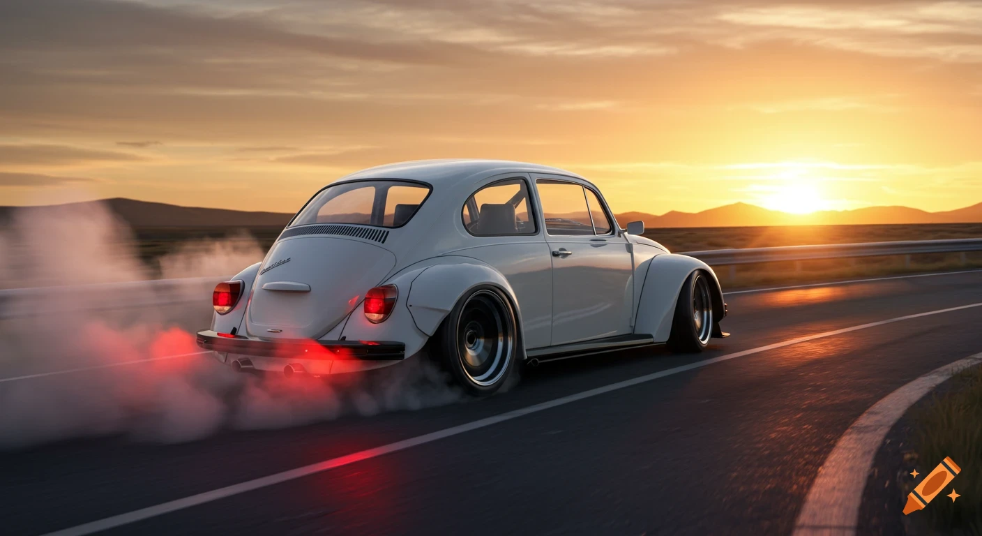 A white 1966 VW Beetle with a wide body kit drifts on a road at sunset, smoke billowing from its tires.