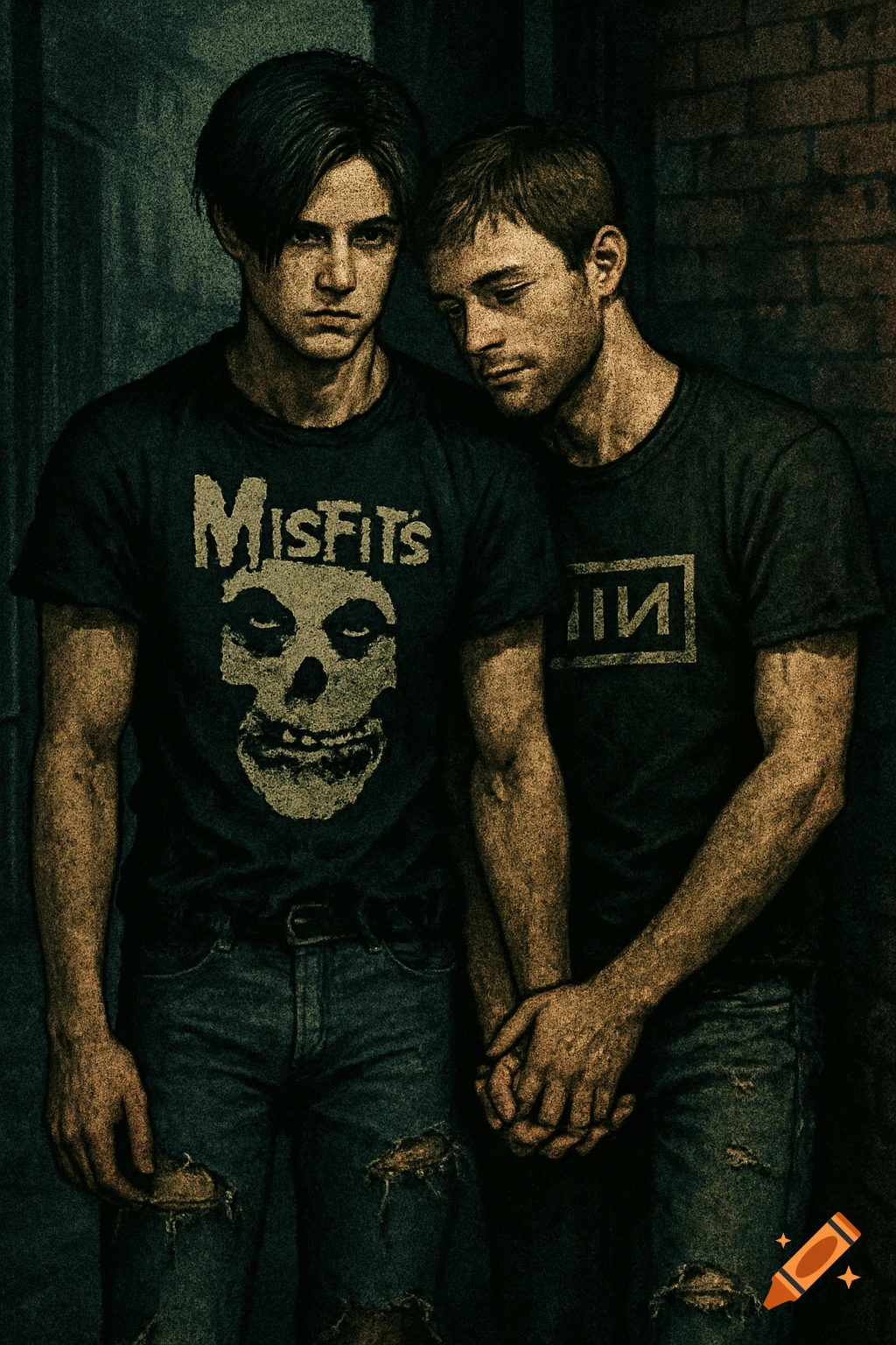 Two men, one with dark hair and a Misfits shirt, holding hands with a man with stubble and a Nine Inch Nails shirt, in a dark, grungy, gothic style.