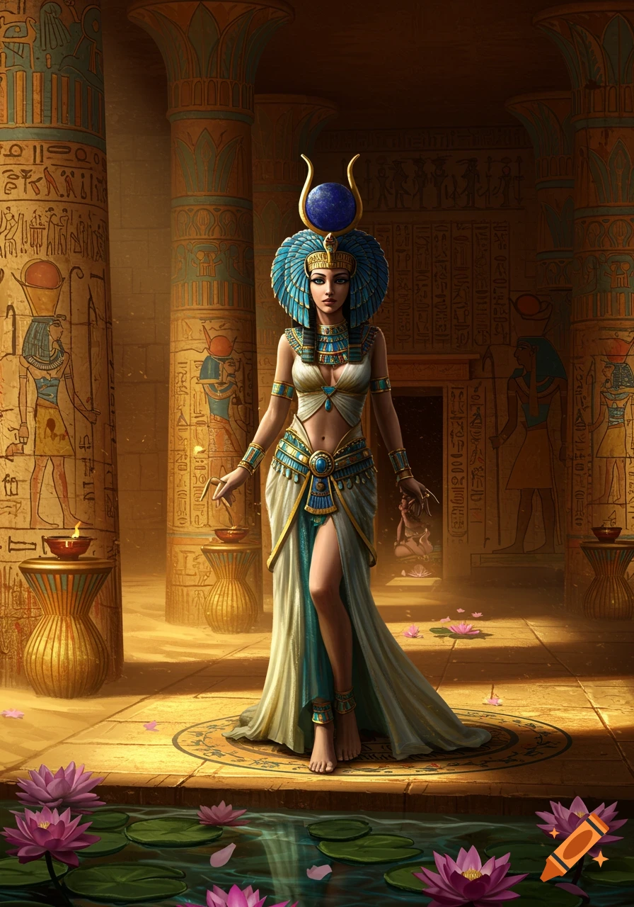 A beautiful Egyptian princess in ornate blue and gold attire stands in a temple with hieroglyphics and lotus flowers.