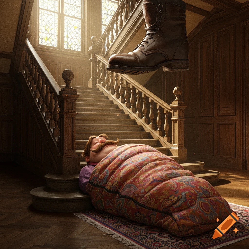 A man in a sleeping bag at the bottom of a grand wooden staircase, with a giant brown boot hovering above him.