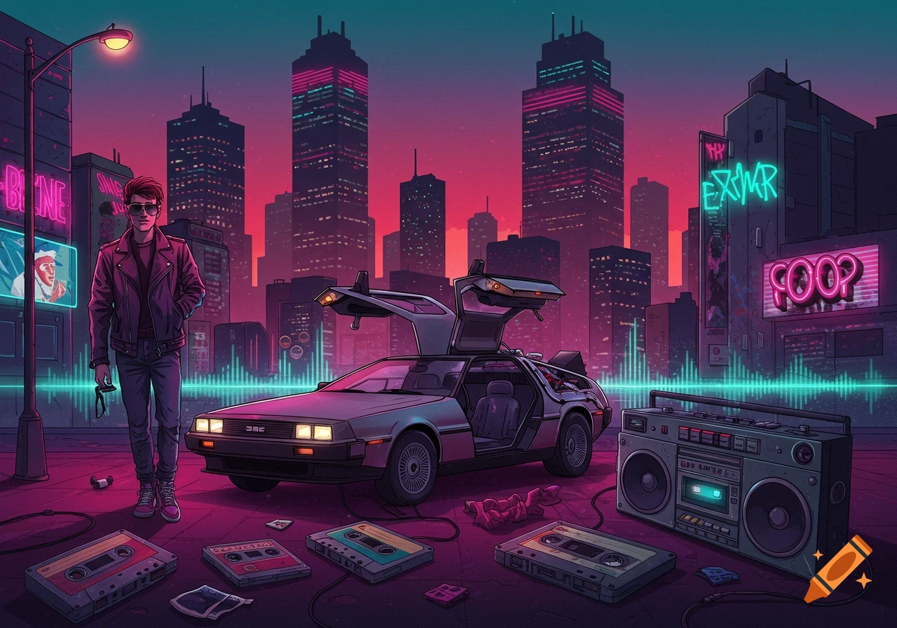 A man stands next to a DeLorean and boombox on a street in a neon-lit, retrofuturistic city at night.