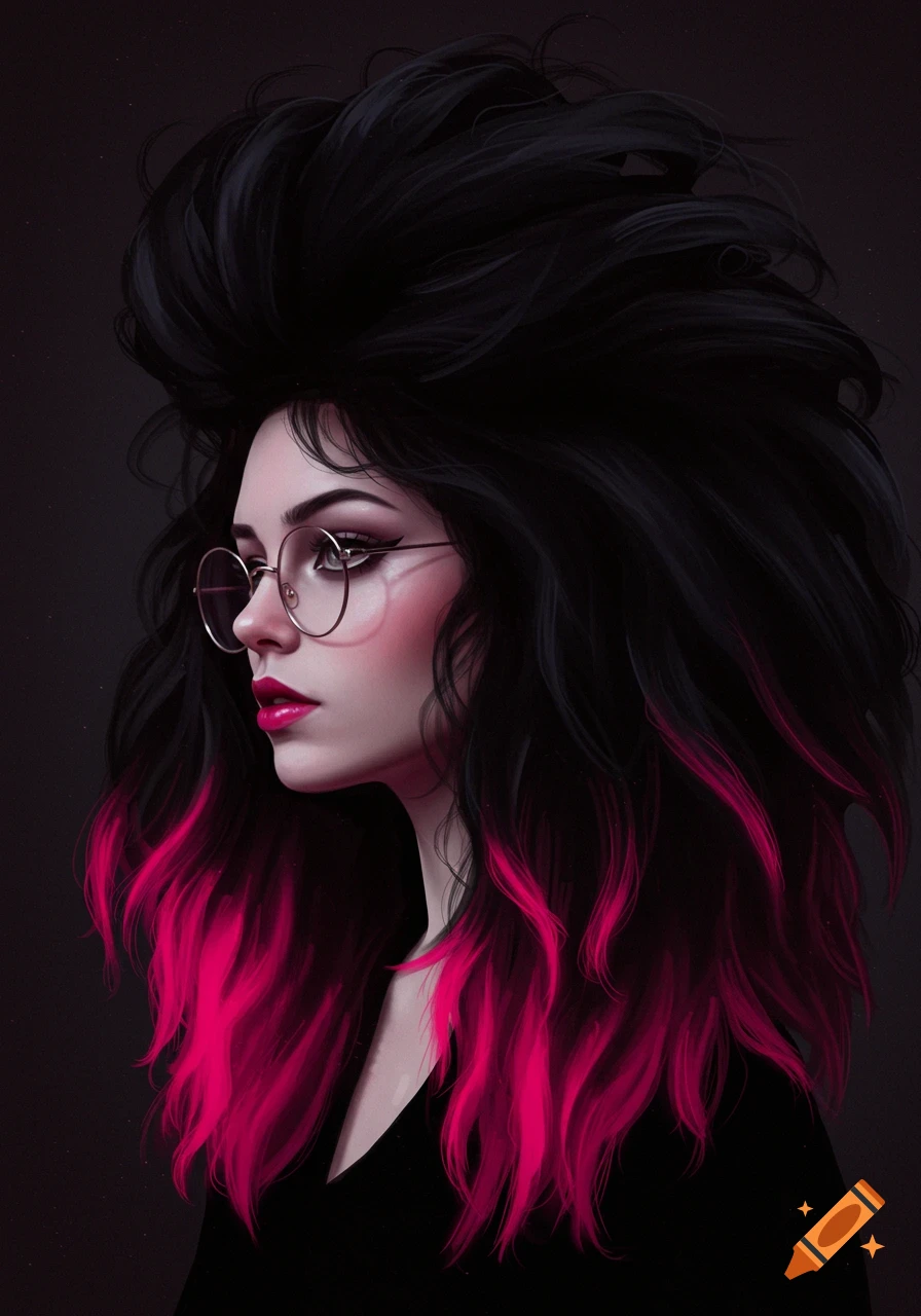 Stylized portrait of a woman with voluminous black hair with pink tips and round glasses on a dark background.