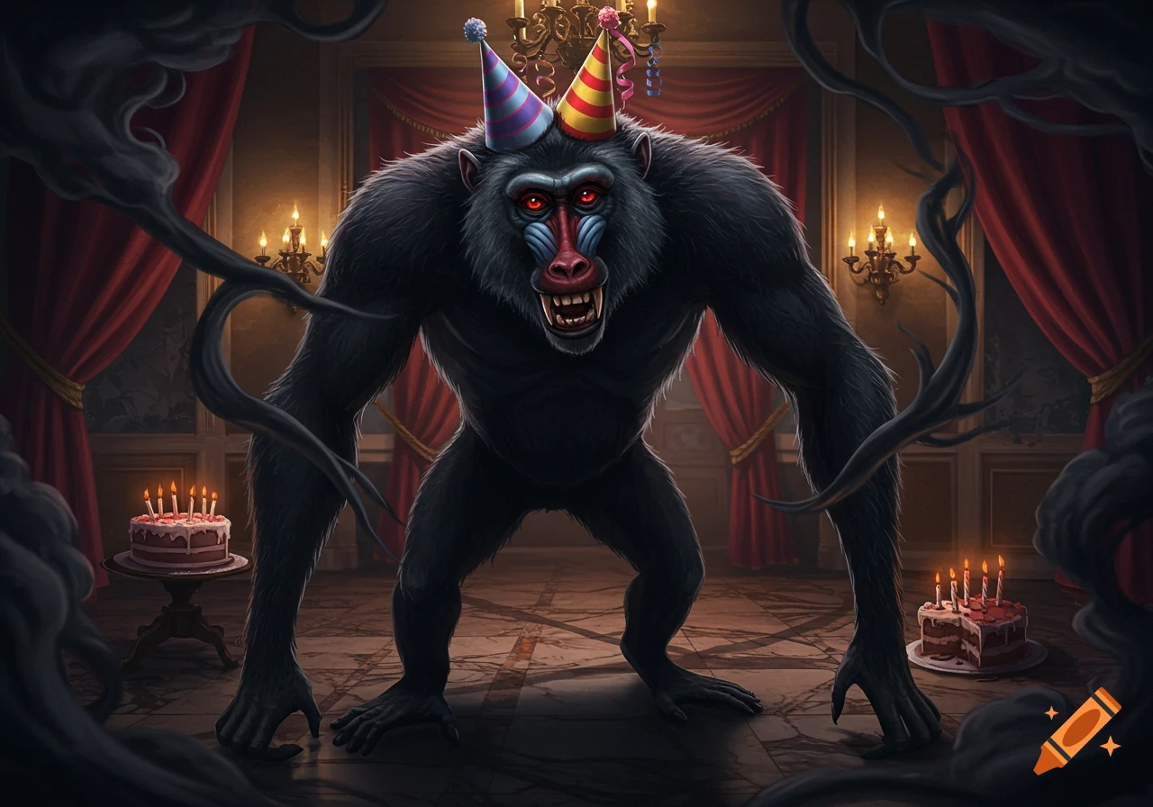 A monstrous, dark-furred baboon-like creature with glowing red eyes and two party hats stands in a dark, ornate room with birthday cakes.