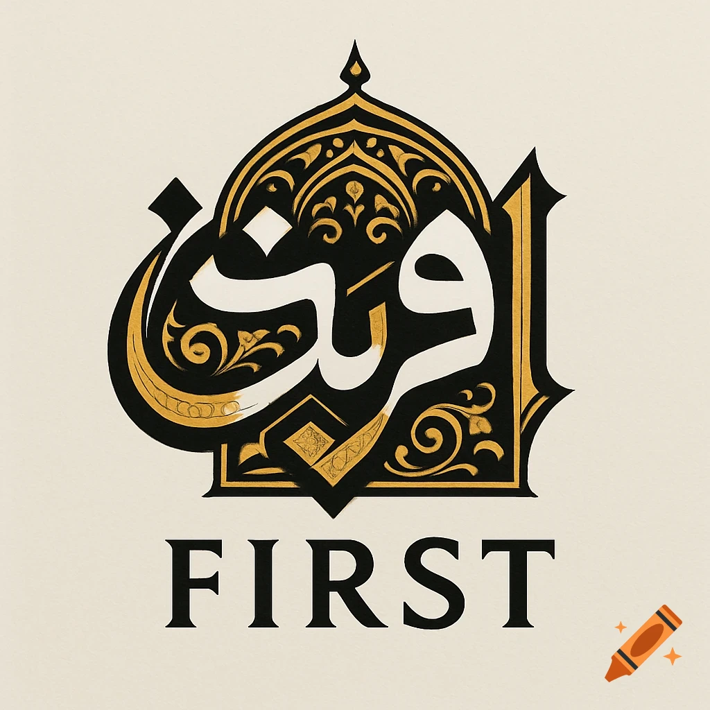 A logo featuring the word "FIRST" in black capital letters below a stylized, ornate black and gold emblem inspired by Persian calligraphy.