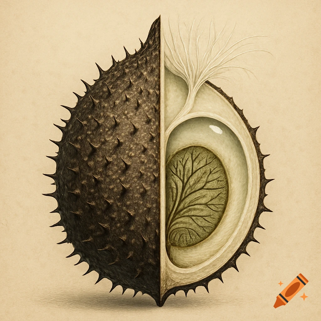 Cross-section of a spiky, dark seed revealing an inner green structure, an air bubble, and feathery projections in an illustrative style.