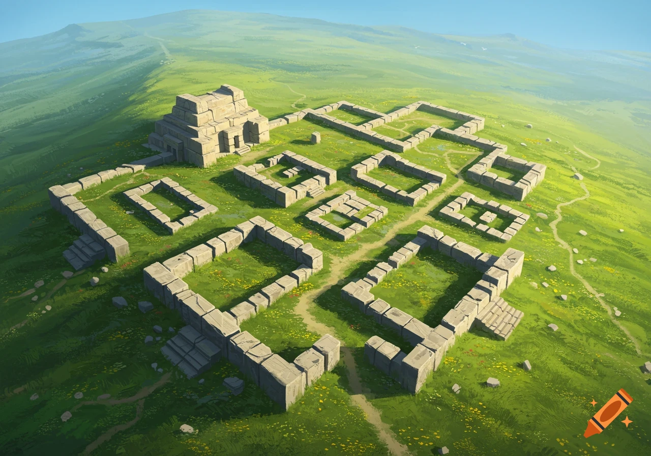 An aerial view of ancient stone ruins and foundations of a city spread across a vibrant green grassy hill under a clear blue sky.