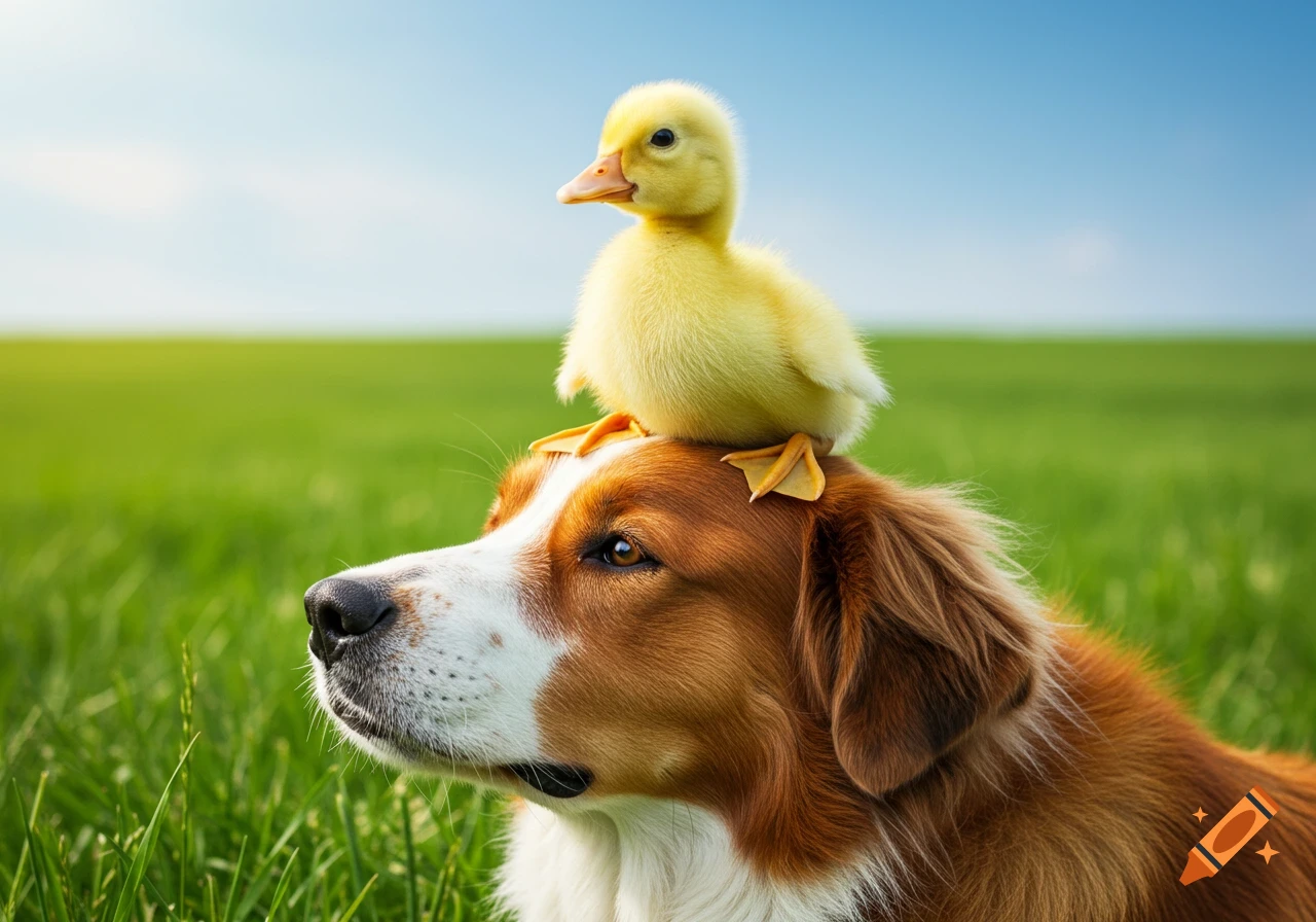 A fluffy yellow duckling sits atop the head of a brown and white dog in a green grassy field under a blue sky.