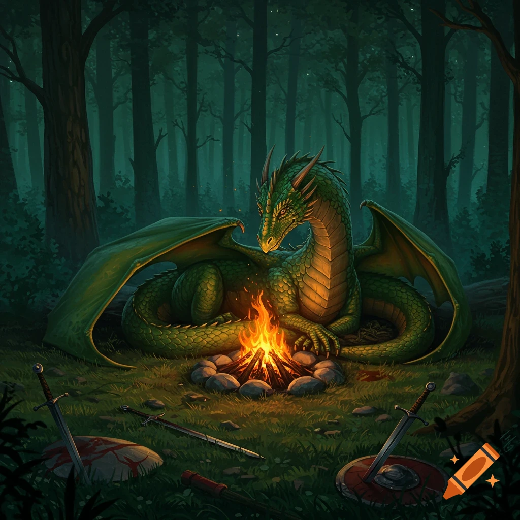 A green fantasy dragon sits curled around a campfire in a dark forest, with swords and shields scattered on the ground.