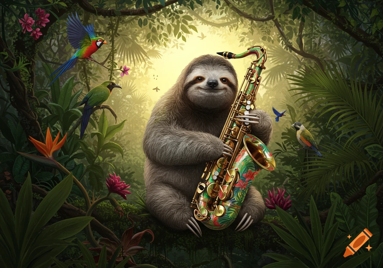 A cute sloth smiles while holding a colorful saxophone in a lush jungle with tropical birds and plants.