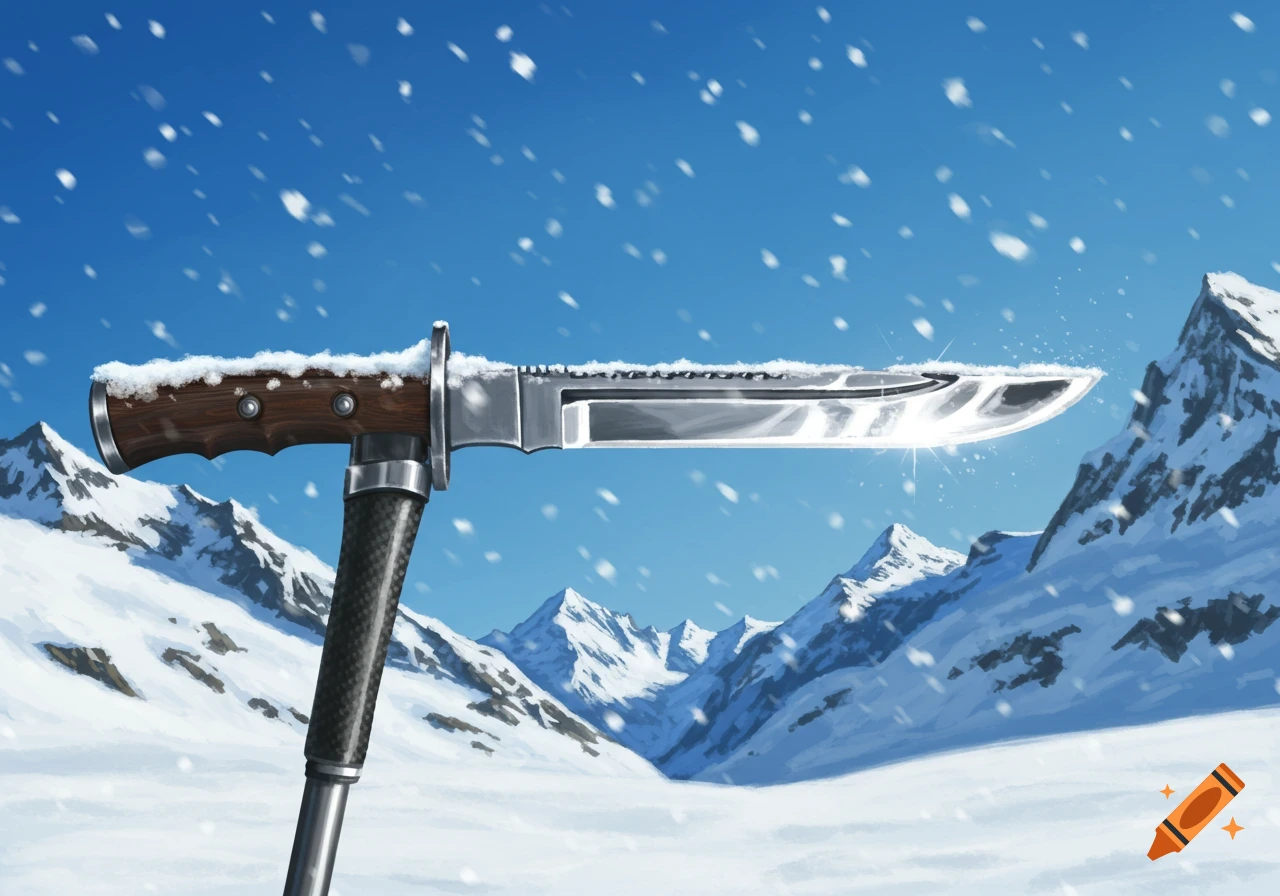 A ski pole with a bayonet attached, covered in snow, stands against a backdrop of snowy mountains and a blue sky with falling snow.