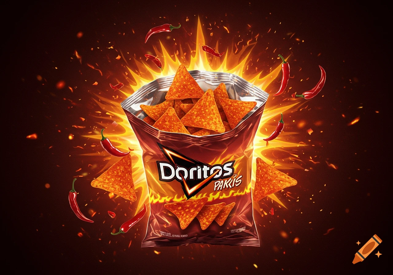 A bag of Doritos chips explodes with flavor, surrounded by flying tortilla chips, red chili peppers, and bursts of orange and yellow fire against a dark background.