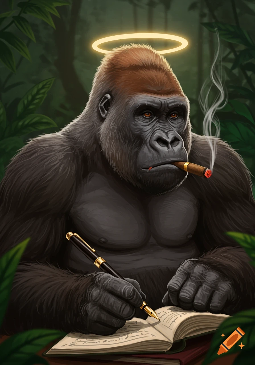 An illustrated gorilla with a glowing halo smokes a cigar while writing in a book with a fountain pen.