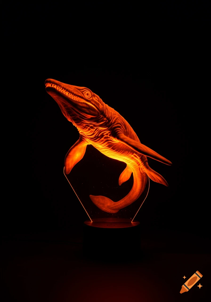 An orange glowing mosasaurus lamp against a pitch black background.