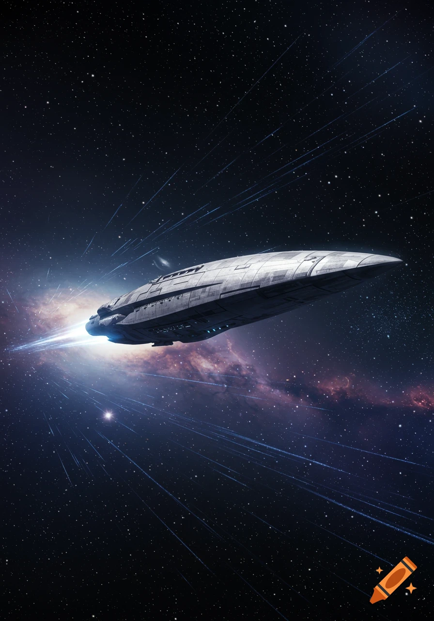 A large, sleek, grey spaceship with glowing engines travels through a star-filled galaxy with streaks of light.