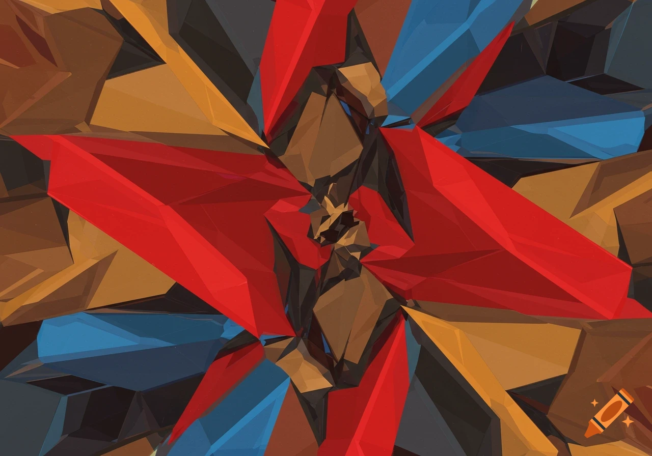An abstract cubist artwork with sharp, colorful geometric shapes in red, blue, orange, and brown.