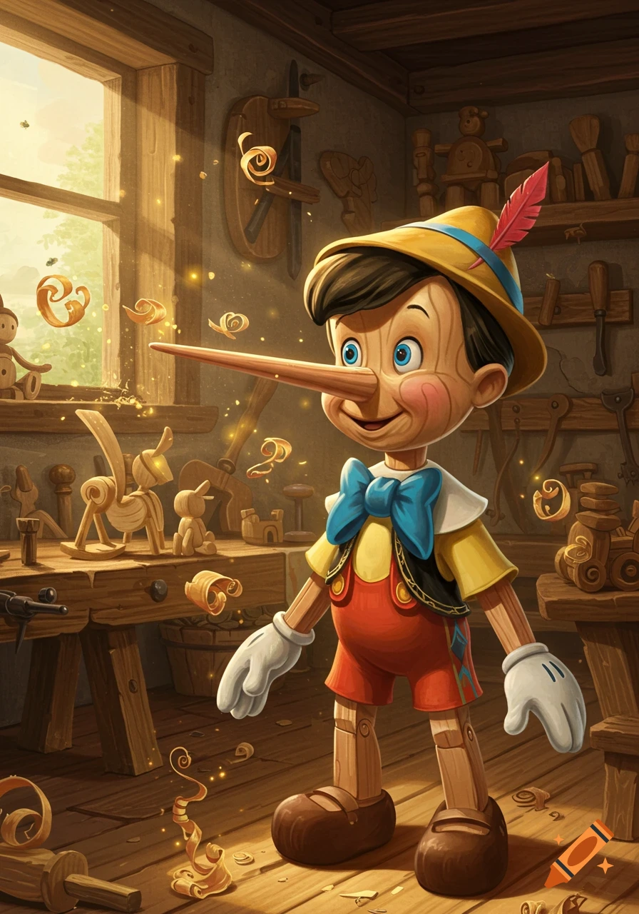 Pinocchio, a wooden puppet with a long nose, stands in a sunlit workshop amidst tools and wood shavings.