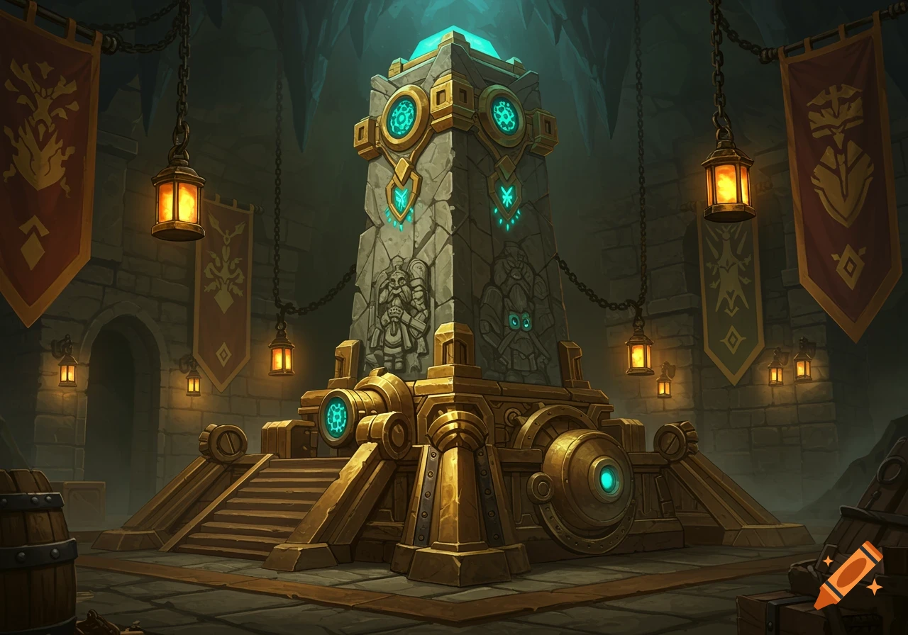 A large, ornate monument made of stone and gold, with glowing teal accents and gears, stands in a dimly lit cave. Banners and lanterns hang from the ceiling.