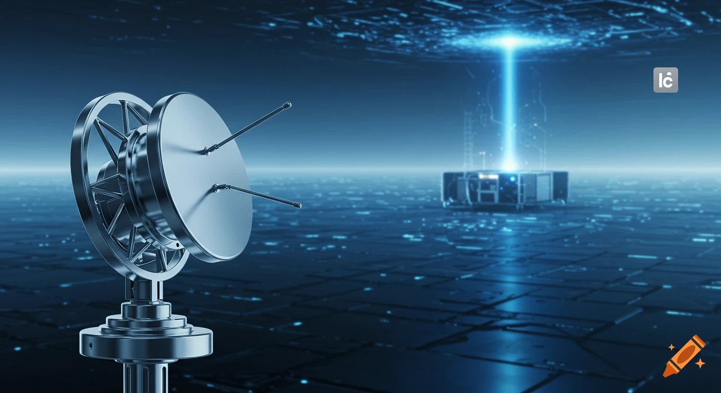 A silver antenna in a futuristic blue digital environment, with a glowing light beam emanating from distant high-tech equipment.