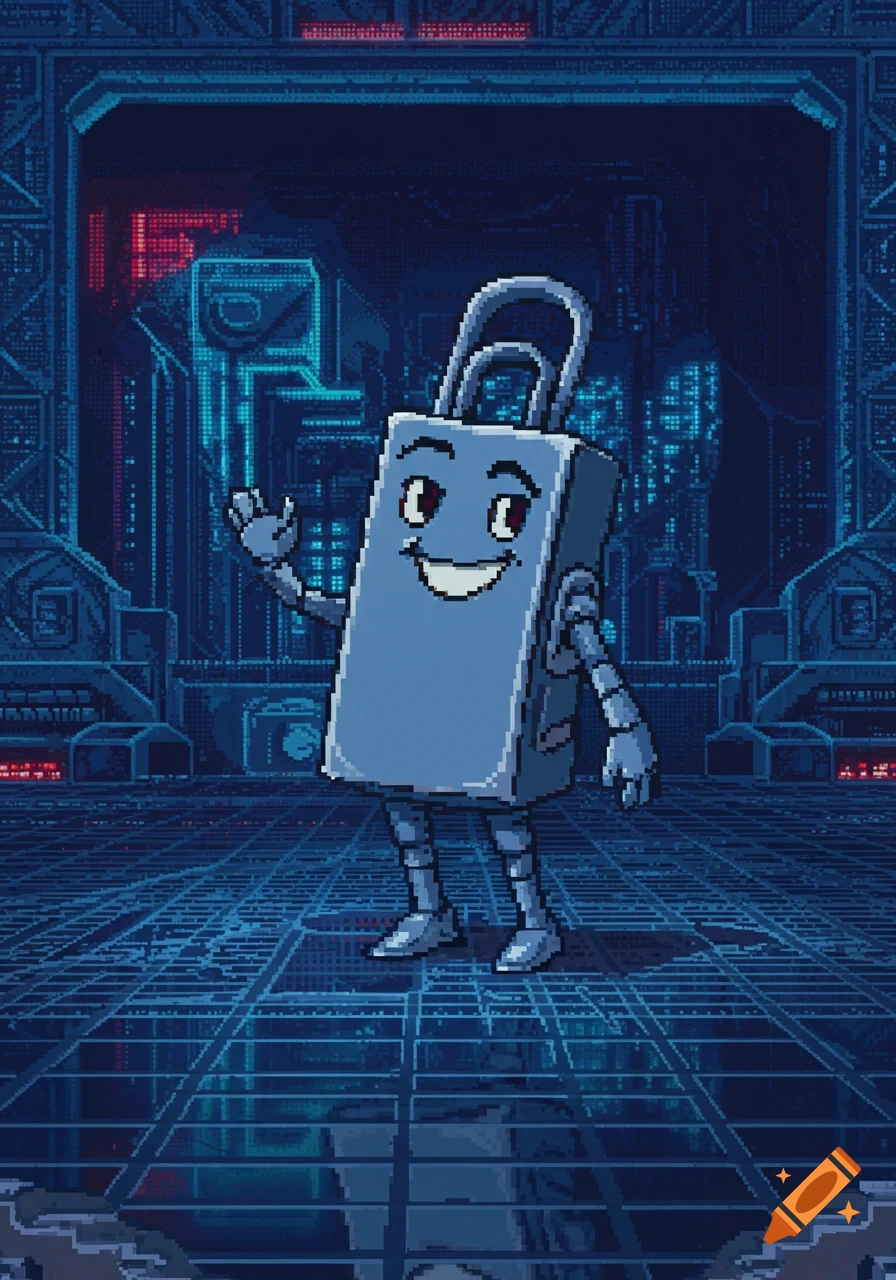 A friendly, smiling padlock character with robotic arms and legs waves in a dark, pixelated retro sci-fi environment.