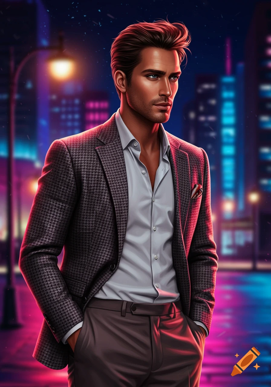 Digitally illustrated portrait of a handsome man in a suit jacket and open-collared shirt, standing at night in a neon-lit city.