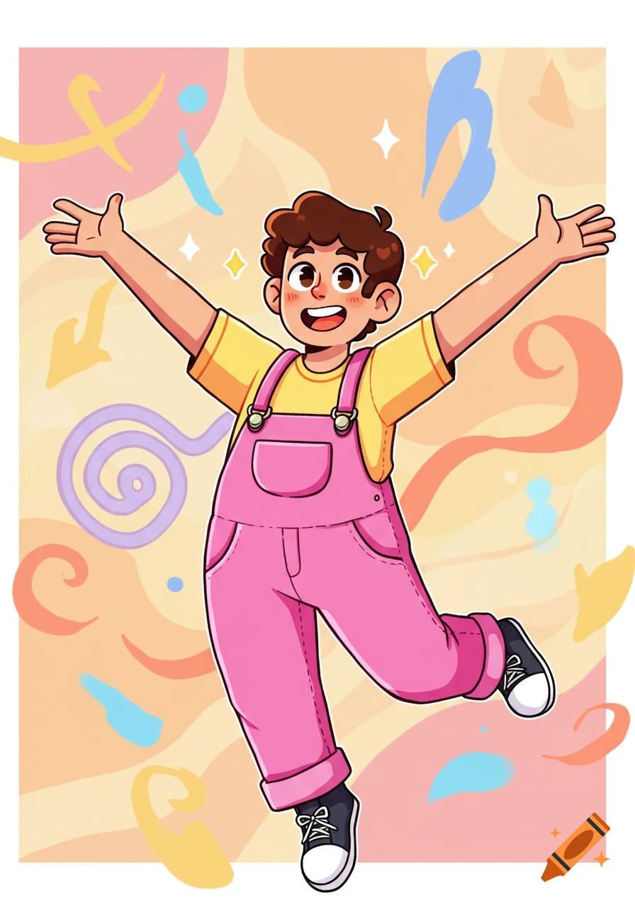 Energetic cartoon child with outstretched arms, smiling, wearing pink overalls and a yellow shirt, on a colorful abstract background.