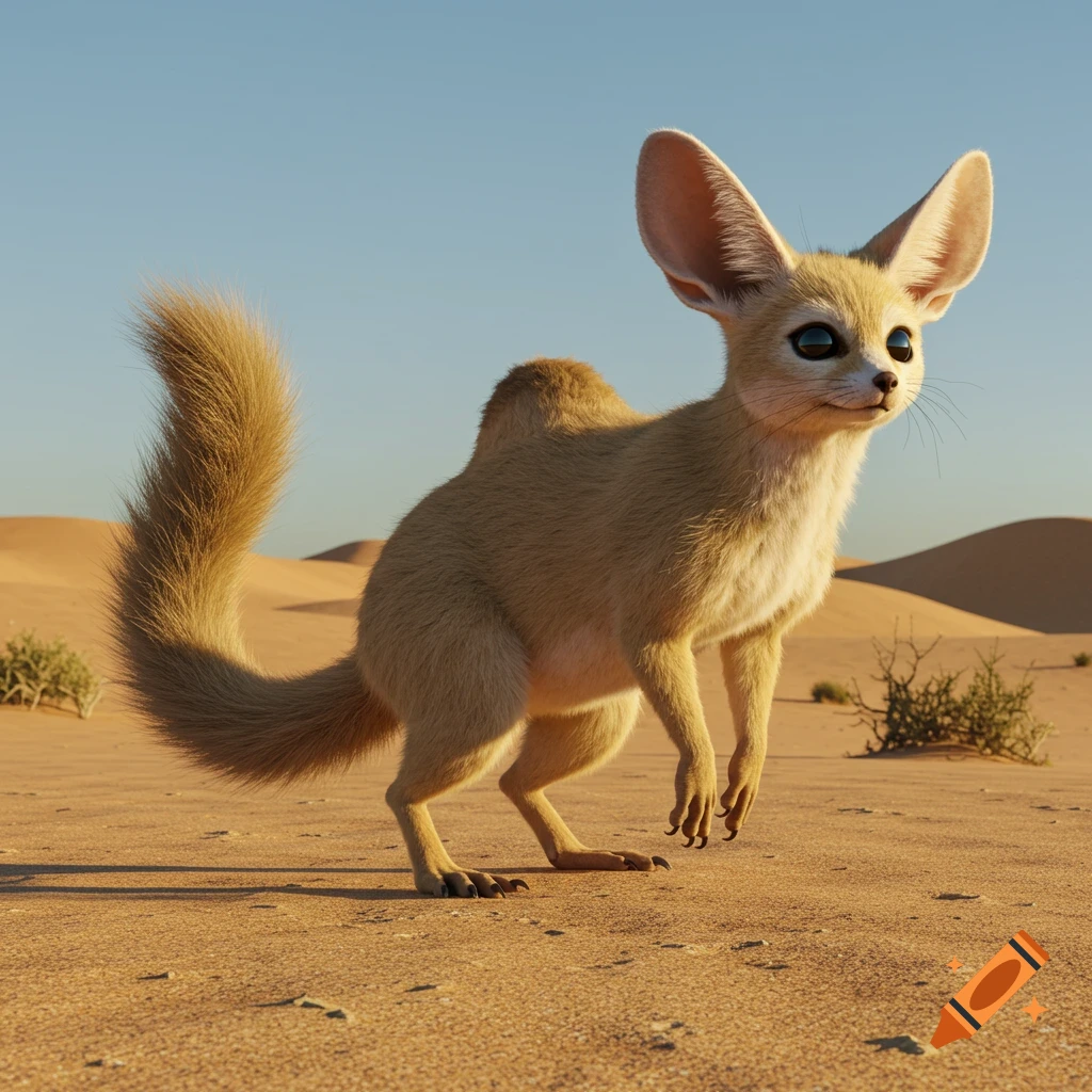 Photorealistic fennec fox-like creature with a camel hump and large tail in a sandy desert.