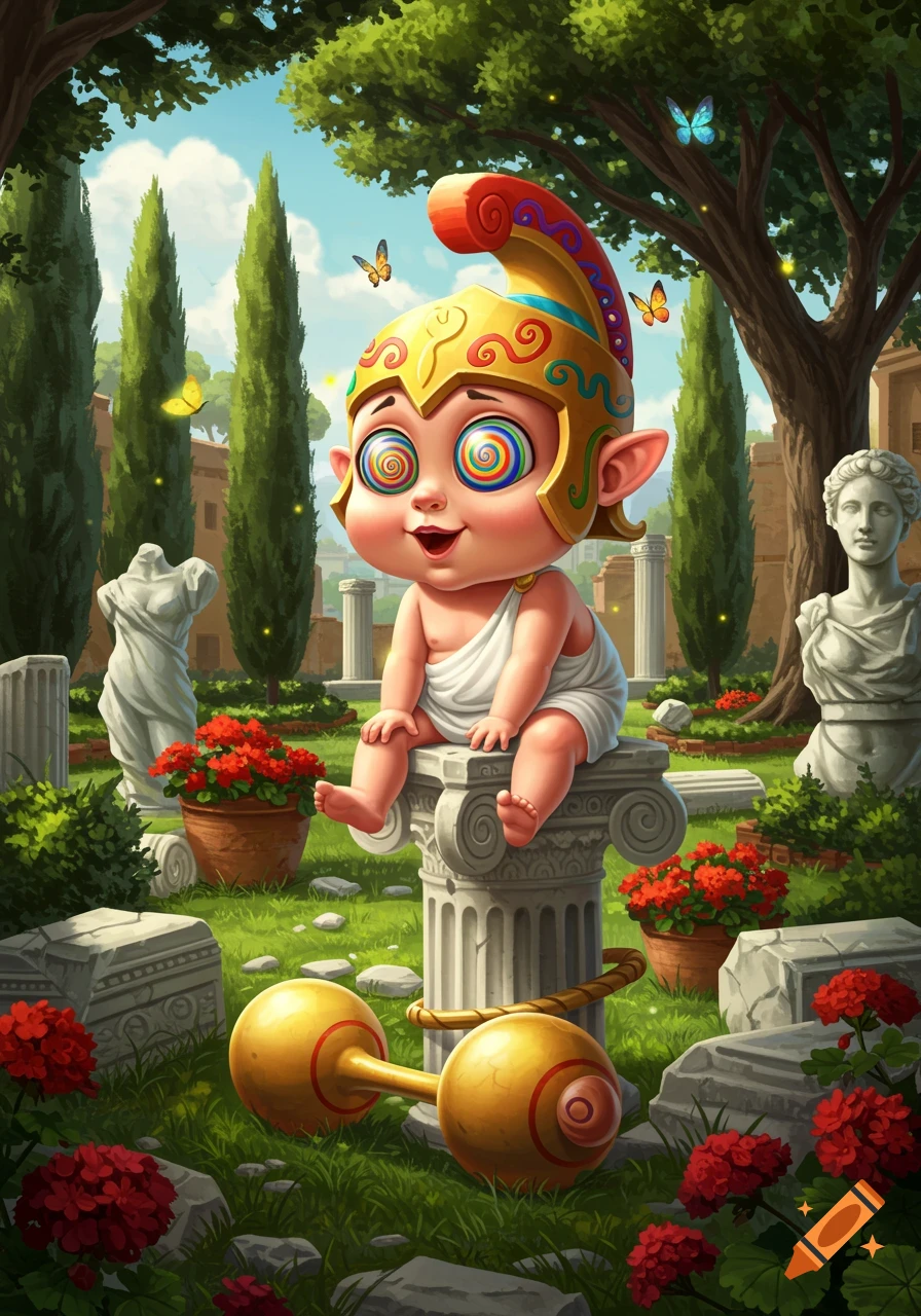 A whimsical cartoon baby wearing a gold helmet and toga, with colorful swirly eyes, sits on a broken column in an ancient Roman garden with ruins and flowers.