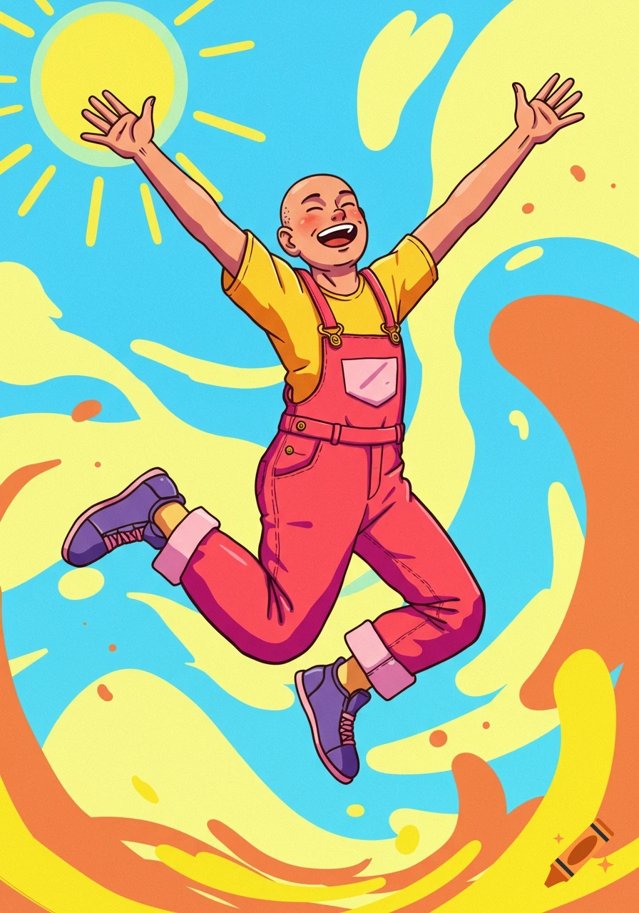 A happy, bald person in red overalls and a yellow shirt jumps with arms outstretched against a vibrant blue and yellow background in a digital cartoon style.