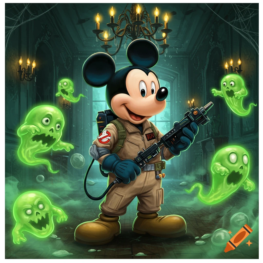 Mickey Mouse as a Ghostbuster holding a proton gun, surrounded by green ghosts in a haunted mansion.