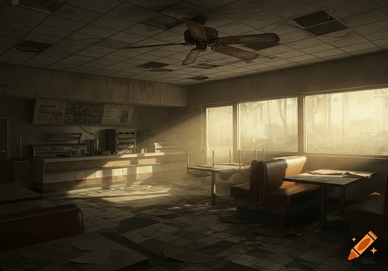 A dusty, abandoned Burger King restaurant interior with tables, booths, a counter, and a ceiling fan, lit by sunlight through grimy windows.