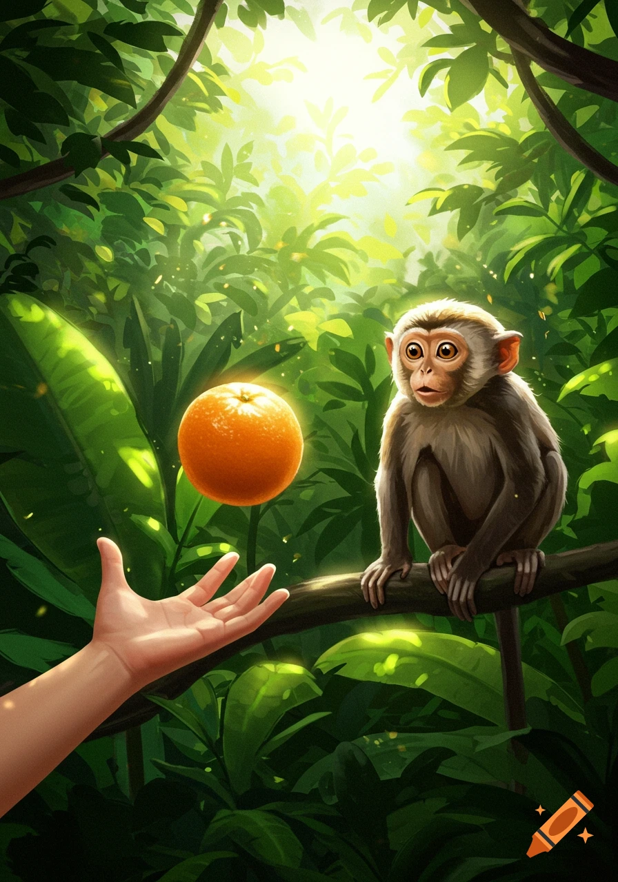A vibrant illustration of a hand presenting a glowing orange to a curious monkey perched on a branch in a lush jungle.