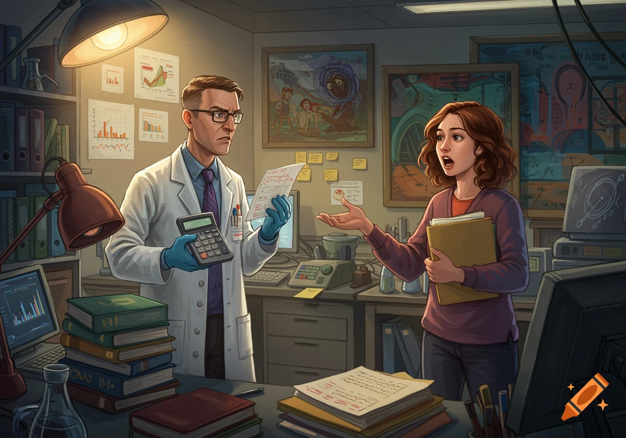 Two scientists, a man with glasses and a calculator, and a woman holding a folder, are animatedly discussing in a cluttered office filled with books, papers, and scientific equipment.