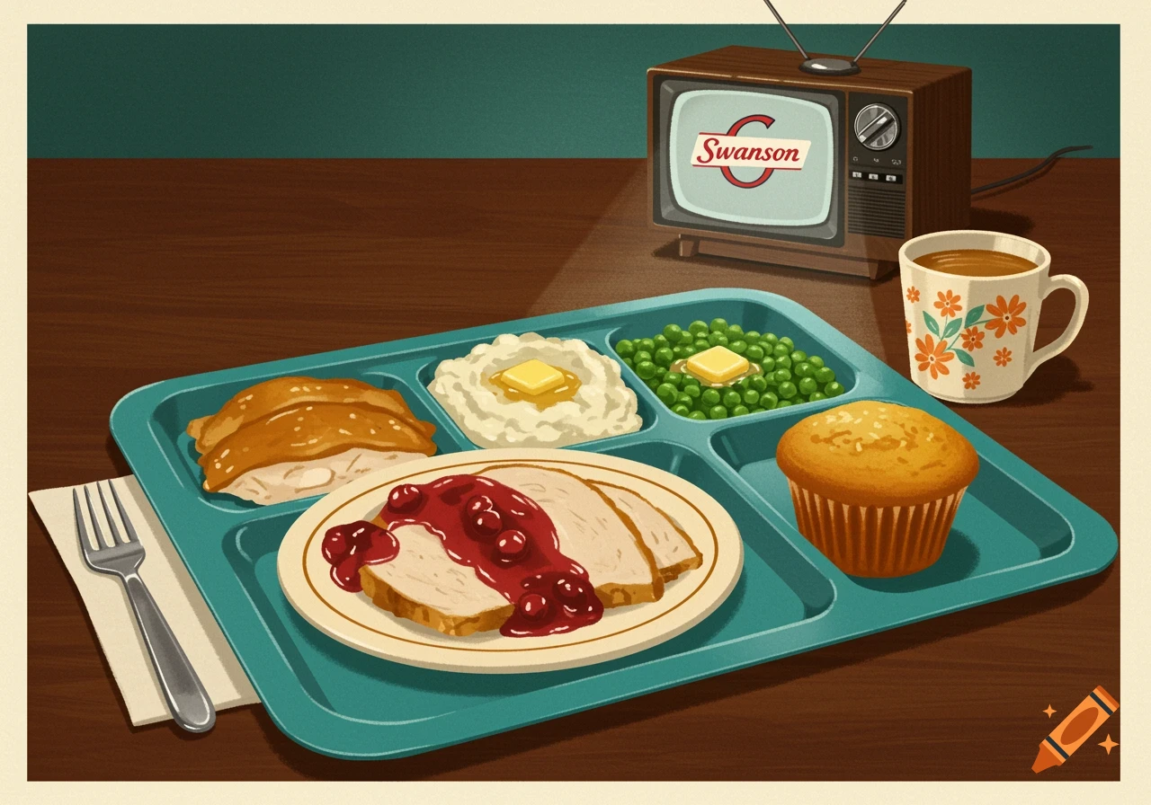 A retro illustration of a Swanson turkey TV dinner on a tray with mashed potatoes, peas, and a muffin, next to a vintage television.