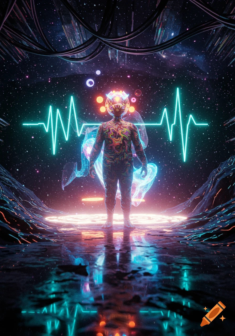 A colorful, stylized figure stands in a cosmic landscape with a glowing neon heartbeat line, reflecting on a wet surface.