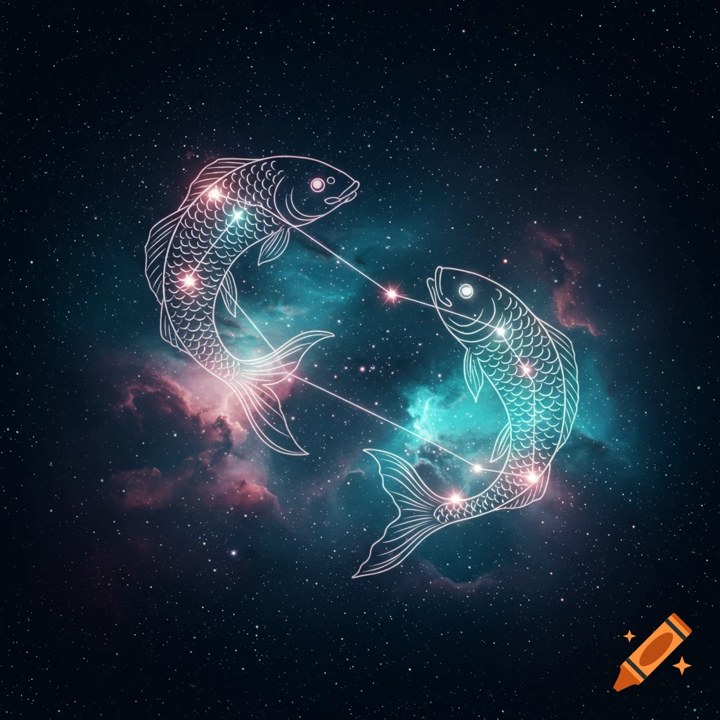 A digital illustration of the Pisces constellation, showing two fish outlines connected by stars against a vibrant space background with nebulae.